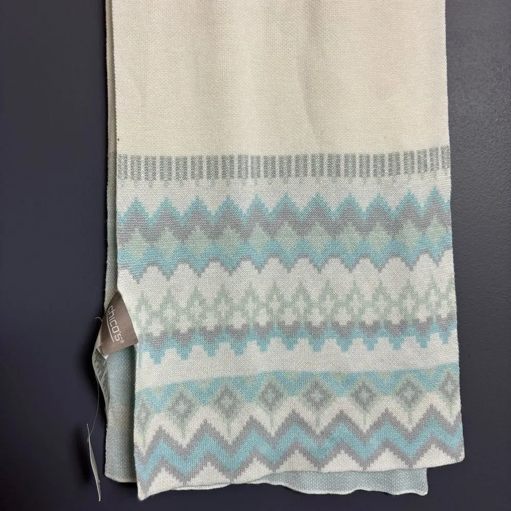 Chico's Fall Winter Scarf Ivory and Ice Blue Pattern 100% Rayon cozy soft NEW